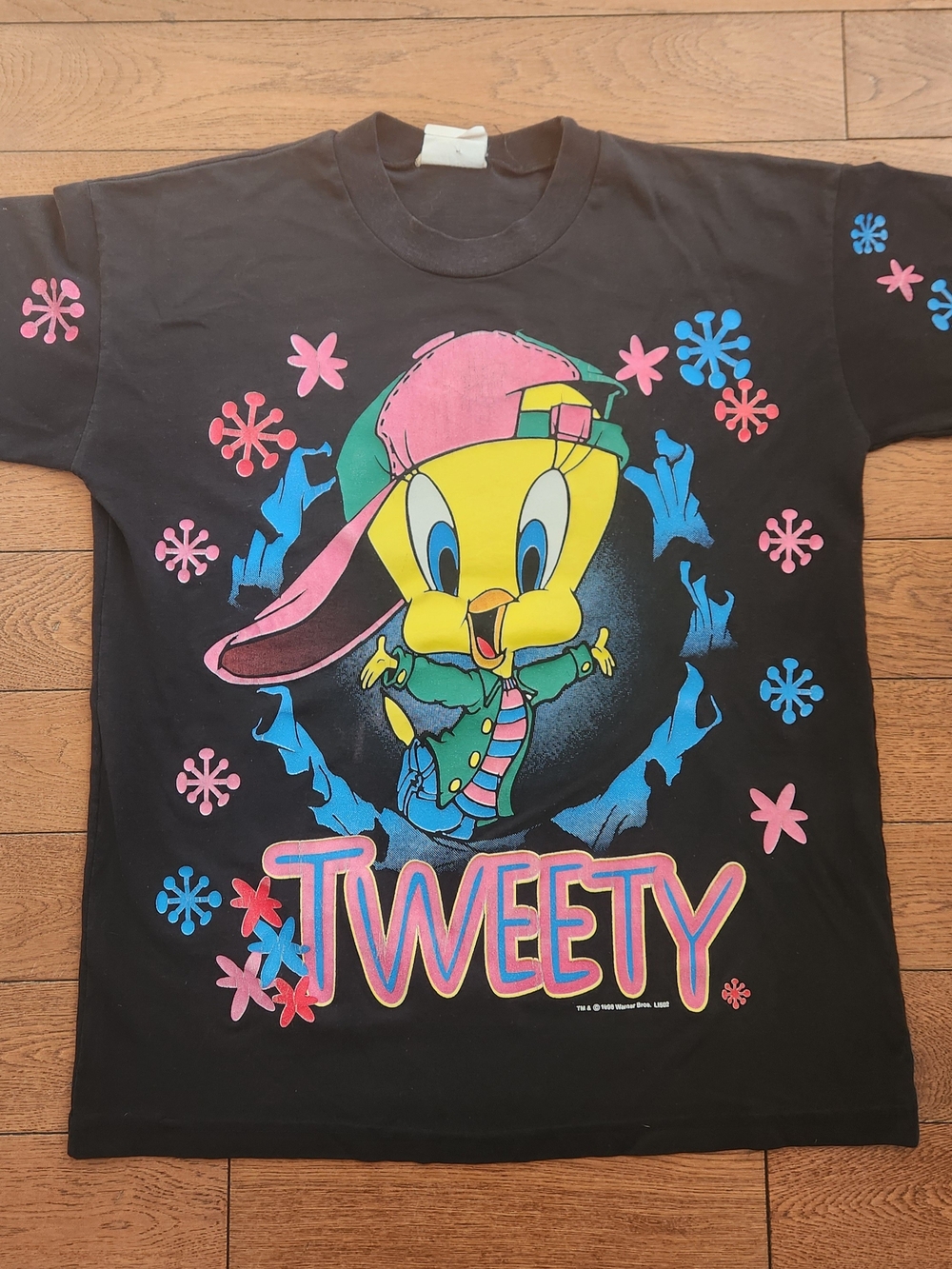 Vintage Warner Bros. Tweety Graphic Tee in Black with Pink & Blue Accents